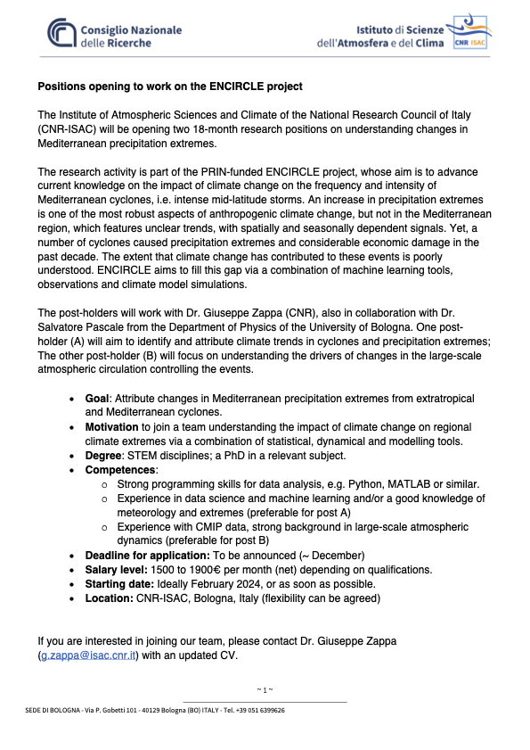 Are you interested in attributing changes in #Mediterranean #precipitation #extremes? A new PostDoc position is opening @CnrIsac in the framework of the ENCIRCLE project coordinated by Giuseppe Zappa @giu_zappa