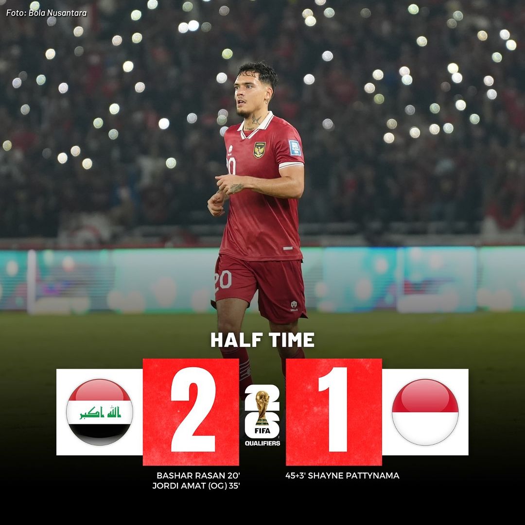 HALF TIME:
IRAK 2-1 INDONESIA
"20" Bashar Rasan
"35" OG ( Jordi Amat )
"45+3" Shayne Pattynama 
#TimnasDay #BersamaGaruda #GarudaMendunia #WCQ #WorldCupQualifiers #WCQ2026 #InspiringStars