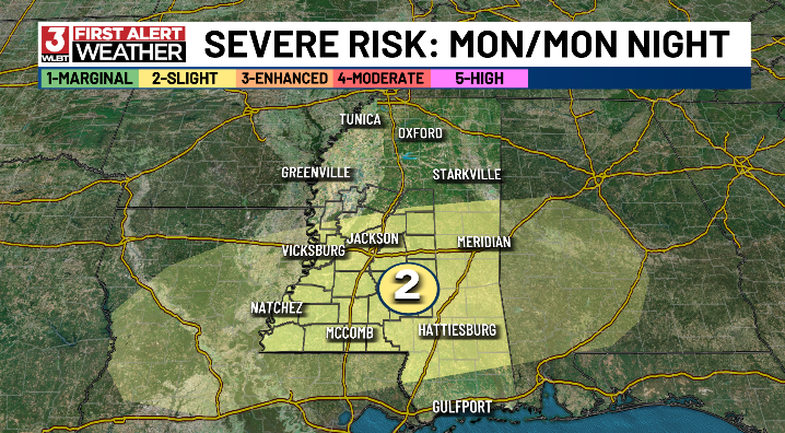 An incoming cold front will feature a chance for scattered showers and possible strong storms Monday into Monday night. ⛈️ The SPC has now highlighted most of central MS under a 'Slight 2/5 Risk' for the risk of strong to severe storms. Stay tuned for more specifics! #mswx