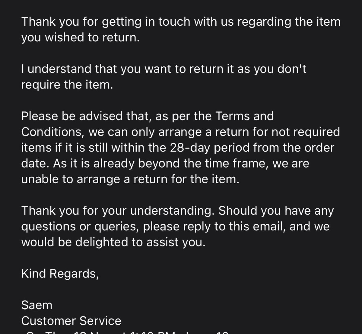 Lmca10's tweet photo. @HouseofHelpers  I bought an item for my daughters Christmas and it is now to small as she has grown but I am not able to return it as it is just outside your policy. Not feeling the Christmas spirit. #poorcustomerservice #christmasspirit https://t.co/eVqfAJWaxX