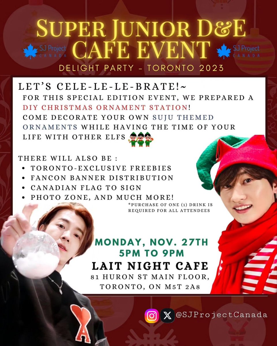 SJProjectCanada's tweet photo. 🎄🎁 TORONTO CAFE EVENT 🎁🎄
After the successful event in Vancouver,  we are bringing it back in Toronto - Xmas Edition! 🎅🤶
+ Info 👇👇

#슈퍼주니어 #SUPERJUNIOR 
#슈퍼주니어DnE #SuperJuniorDnE
#은혁 #EUNHYUK @AllRiseSilver
#동해 #DONGHAE @donghae861015
#DElight_PartyinToronto https://t.co/GfyEXvlywa