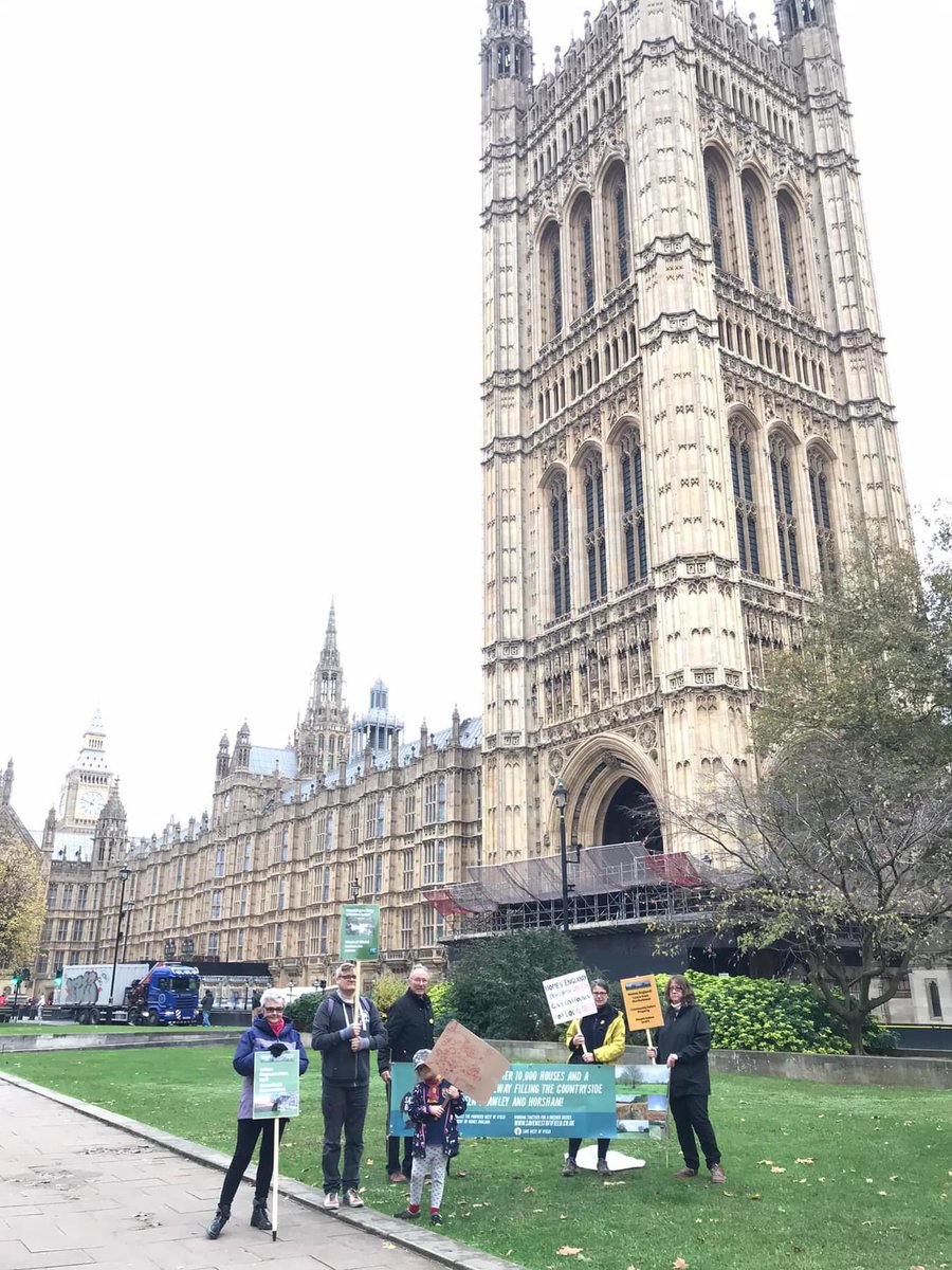 Save West of Ifield protesting outside #Parliament today against a calamitous plan to destroy pristine #greenbelt land and build 10,000 houses and a dual carriageway in the small village of #Rusper next to #Crawley. Say NO to #developergreed