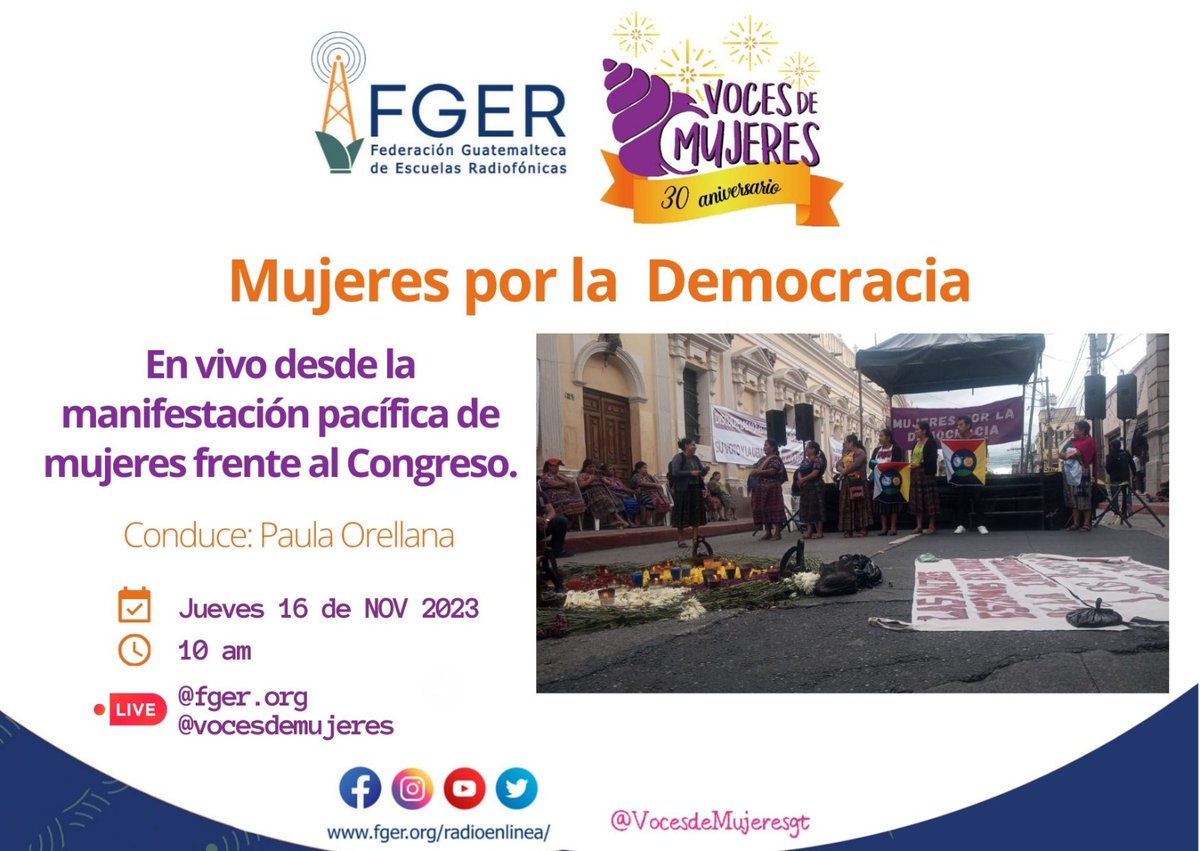 FgerRadio's tweet photo. En el programa #VocesDeMujeres conversarán de la manifestación  pacífica de mujeres frente al #Congreso 
Escúchalo por: 📻 Radio FGER 1420 AM 📆#Jueves 16 de #noviembre  2023 ⏰ 10:00 am
#FacebookLive https://t.co/dYhL5rPoaa https://t.co/V6FouMl2rw