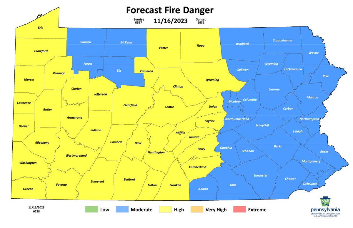 DCNRnews's tweet photo. The wildfire danger is high today for most of central and western Pennsylvania! 🔥🌲 Please do not start any outdoor fires in these counties today. Learn more about when it is a bad time to burn with our daily wildfire danger maps ➡️ https://t.co/CuwGGUUuEd. #PaWildfire https://t.co/FY1Bw2WozI