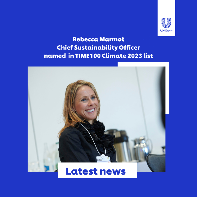 Unilever's tweet photo. Delighted to see our Chief Sustainability Officer @RebeccaMarmot recognised in the @TIME 100 Climate 2023 list of the world’s most influential business leaders driving climate action. 

#TIME100Climate 
#Unilever