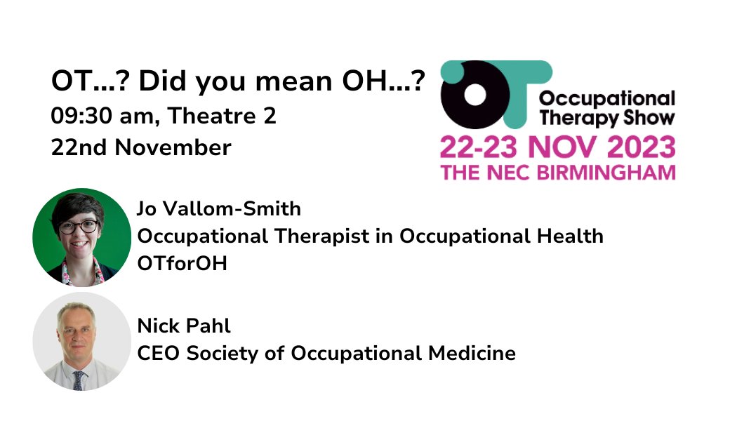 Ever been frustrated about being confused with #occupationalhealth? Come and listen as <a href="/somceo/">SOMCEO</a> and I discuss the role of OTs within the OH team. 9.30 on day one of the <a href="/TheOTShow/">The OT Show</a> 
@CPD_RCOT