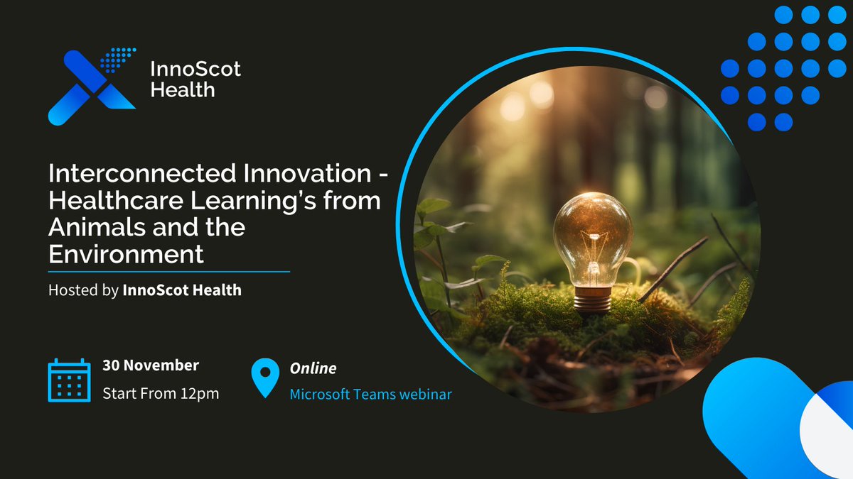 InnoScot Health (@innoscothealth) on Twitter photo Join us for our last informative webinar of this year - 'Interconnected Innovation - Healthcare Learning's from Animals and the Environment' - featuring guest speakers from <a href="/SRUC/">SRUC</a>, <a href="/NHSHighland/">NHS Highland</a> / <a href="/NHSScotCfSD/">Centre for Sustainable Delivery</a>.
Register before 12pm, Thursday 30 November 👉 events.teams.microsoft.com/event/13f8343d… Join us for our last informative webinar of this year - 'Interconnected Innovation - Healthcare Learning's from Animals and the Environment' - featuring guest speakers from <a href="/SRUC/">SRUC</a>, <a href="/NHSHighland/">NHS Highland</a> / <a href="/NHSScotCfSD/">Centre for Sustainable Delivery</a>.
Register before 12pm, Thursday 30 November 👉 events.teams.microsoft.com/event/13f8343d…
