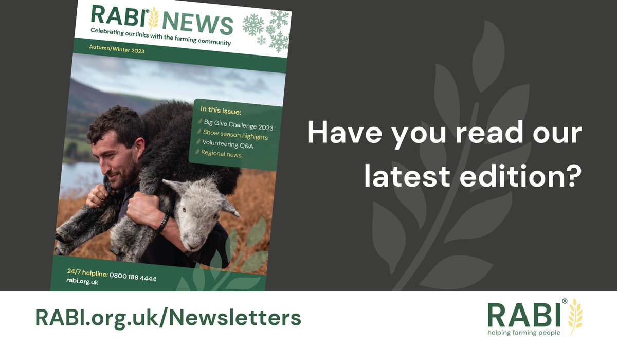 Extra, extra! Have you read our Autumn/Winter RABI News yet?

This edition is packed with updates from across RABI, including show season highlights, regional news and details about our #RABIChristmasAppeal.

Read more at rabi.org.uk/newsletters
