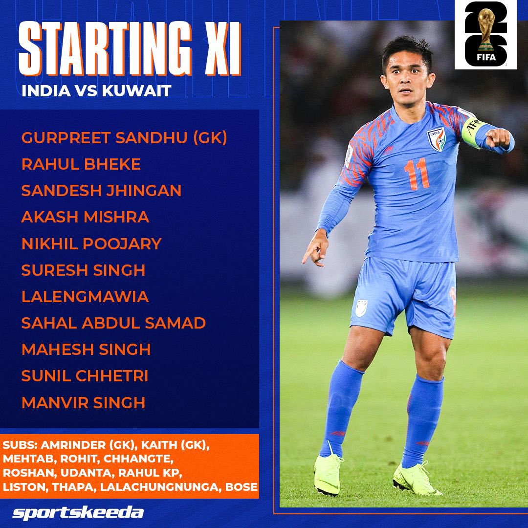 Sportskeeda's tweet photo. India's Starting XI vs Kuwait in the FIFA World Cup 2026 qualifier! 🇮🇳🇰🇼

Are you ready? 💙

#IndianFootball #SKIndianSports #FIFAWorldCup https://t.co/2AnZM2rkWz
