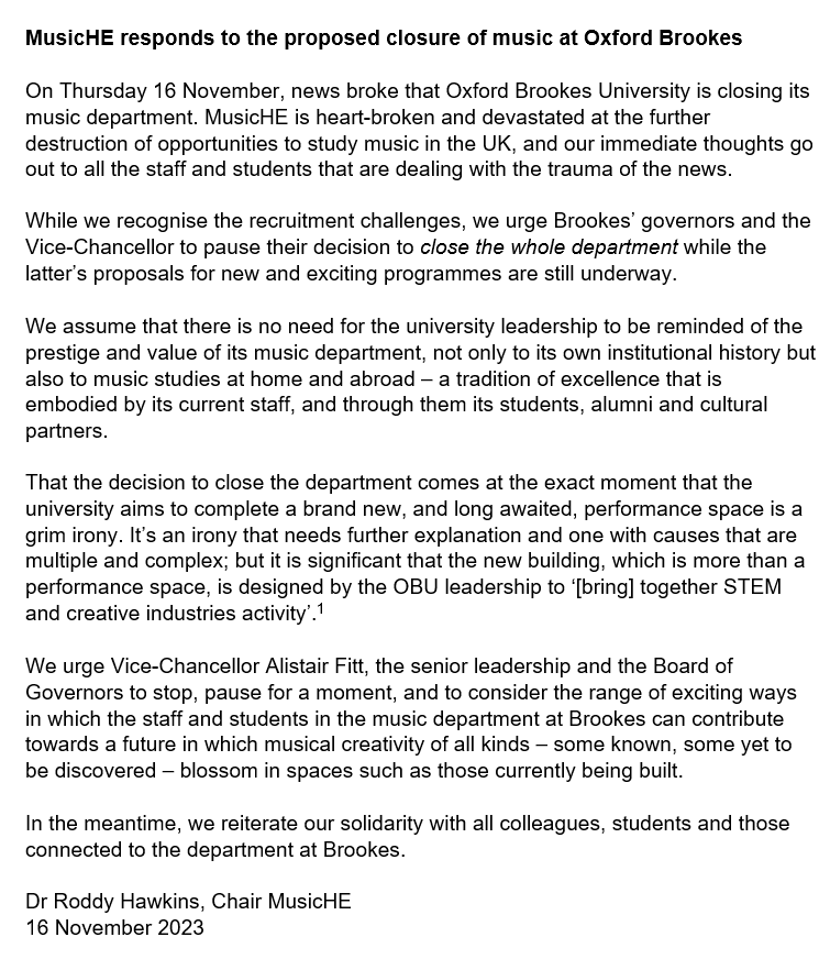 MusicHigherEd's tweet image. Our statement in response to the heart-breaking and short-sighted proposal to close the Music Department at Oxford Brookes University @musicatbrookes 👇