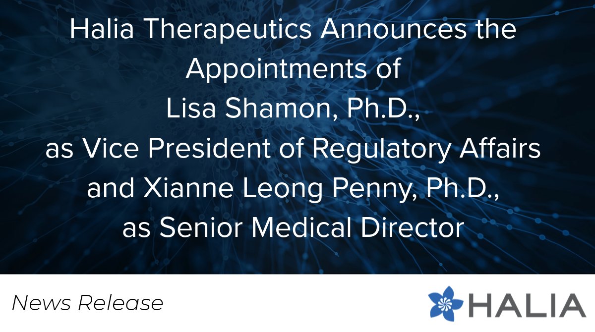 Halia_Tx's tweet photo. Today, Halia Therapeutics announced the appointments of Lisa Shamon, Ph.D., as Vice President of Regulatory Affairs, and Xianne Penny, Ph.D., NREMT, as Senior Medical Director.
To read the full news release, visit https://t.co/dNIYiJxFSt
#newsrelease #halia https://t.co/hqPler64k5