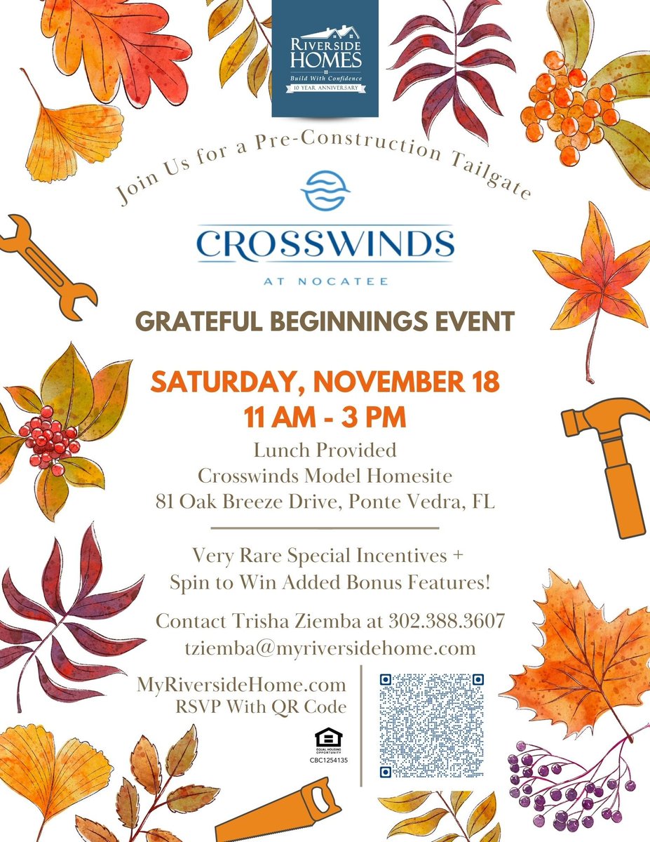 NocateeHomes's tweet photo. #BuilderUpdate @MyRiversideHome is hosting a special Pre-Construction Tailgate in Crosswinds at Nocatee THIS Saturday (November 18) from 11AM- 3PM.📣 Lunch provided! To RSVP, click here: https://t.co/Sj5uxLkIZO https://t.co/HwMNuEHzSz