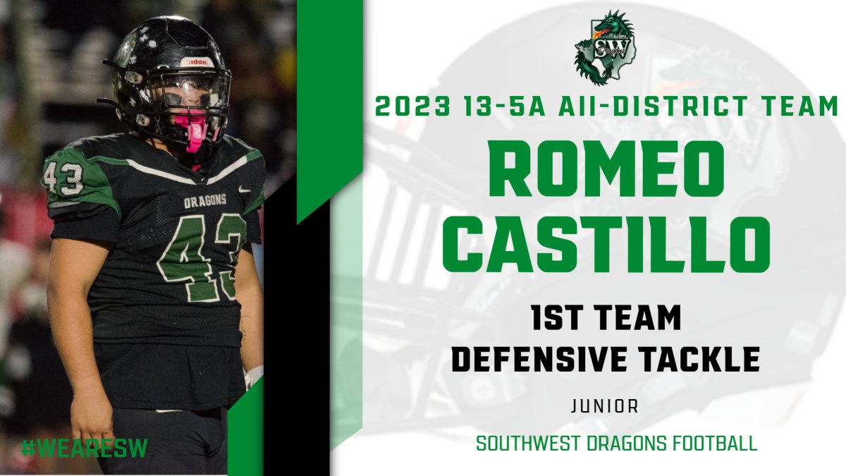 Southwest Dragons Football (@swdragonsfb) on Twitter photo 2023 13-5A All-District Team. First Team Defensive Tackle <a href="/RomeoCastillo40/">Romeo Castillo</a>. Congratulations Romeo for Anchoring the Dragon Defense! #WeareSW #AAAO 2023 13-5A All-District Team. First Team Defensive Tackle <a href="/RomeoCastillo40/">Romeo Castillo</a>. Congratulations Romeo for Anchoring the Dragon Defense! #WeareSW #AAAO