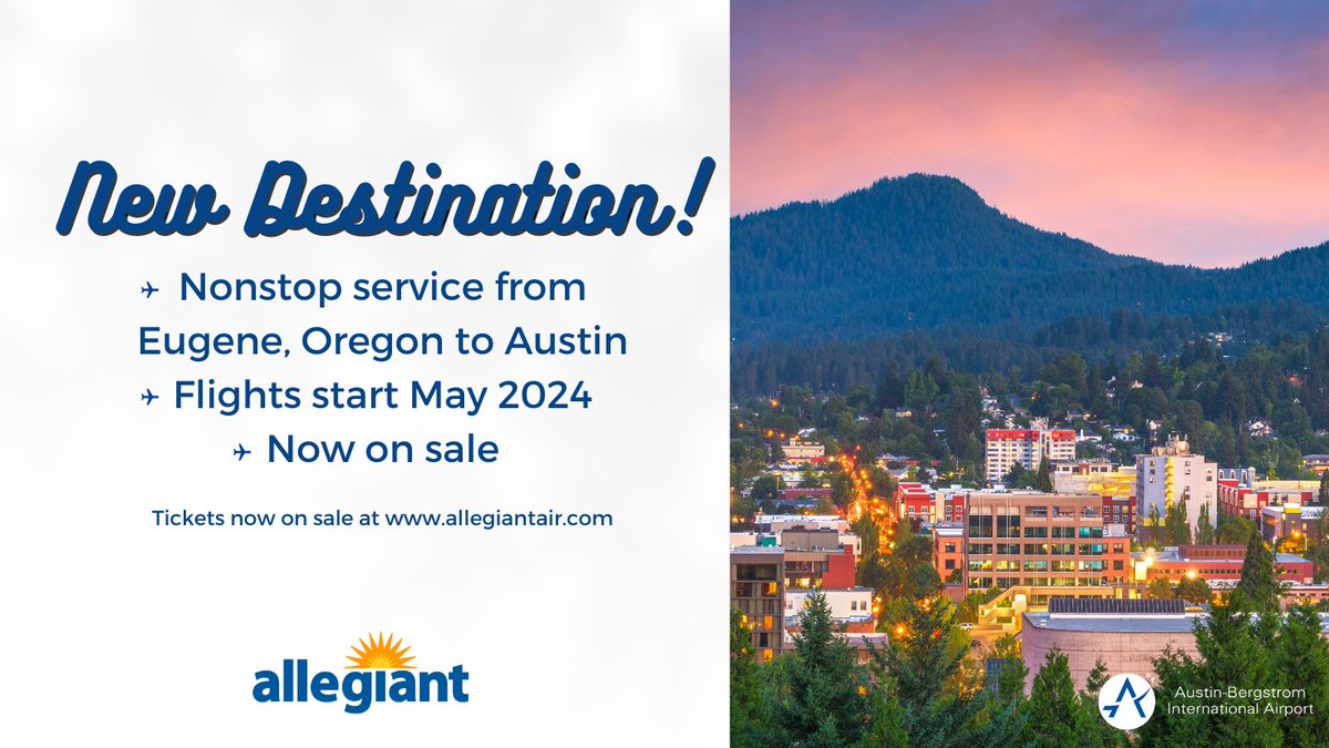 AustinAirport's tweet photo. ✈️Exciting News! 🌲Starting May 31, 2024, fly nonstop from Austin to Eugene, Oregon w/ @Allegiant! Explore the breathtaking beauty of Eugene's nature, view local arts, &amp; savor farm-to-table cuisine. Your adventure awaits – tickets on sale now! Read more: https://t.co/QW4mBeYt6C https://t.co/xPVogqqme9