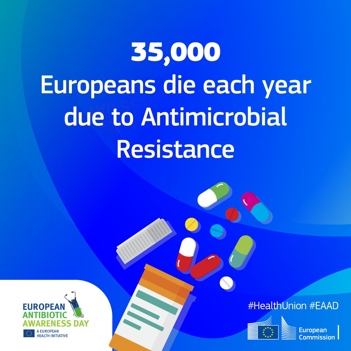 Antibiotics are precious drugs but if we overuse them, microbes become resistant and even deadly.

Ahead of #EAAD, we raise awareness of #AntimicrobialResistance

Only use antibiotics when really needed.
To keep antibiotics working. They save lives.

#OneHealthEU #WAAW23Xstorm