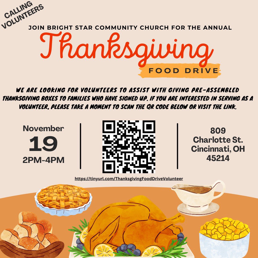 For those who are looking for (or in need of) volunteer service hours, join us for the annual Bright Star Community Church Annual Thanksgiving Food Drive. No pressure if you are unable to, but if interested, the link to sign up as a volunteer is here: tinyurl.com/ThanksgivingFo…