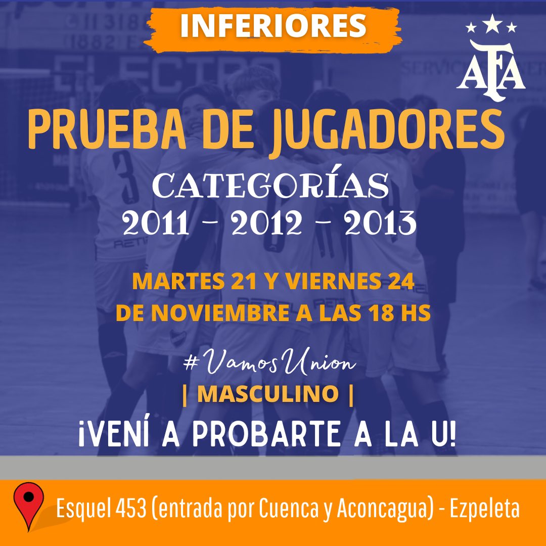 📝 Comienzan las pruebas para Inferiores 🙌🏼

🗓️ Categorías 2011 / 2012/ 2013

⚽️ Martes 21 de noviembre y viernes 24 de noviembre 

🏟️ Esquel 453 - Ezpeleta 

¡Vení a probarte a la “U”!