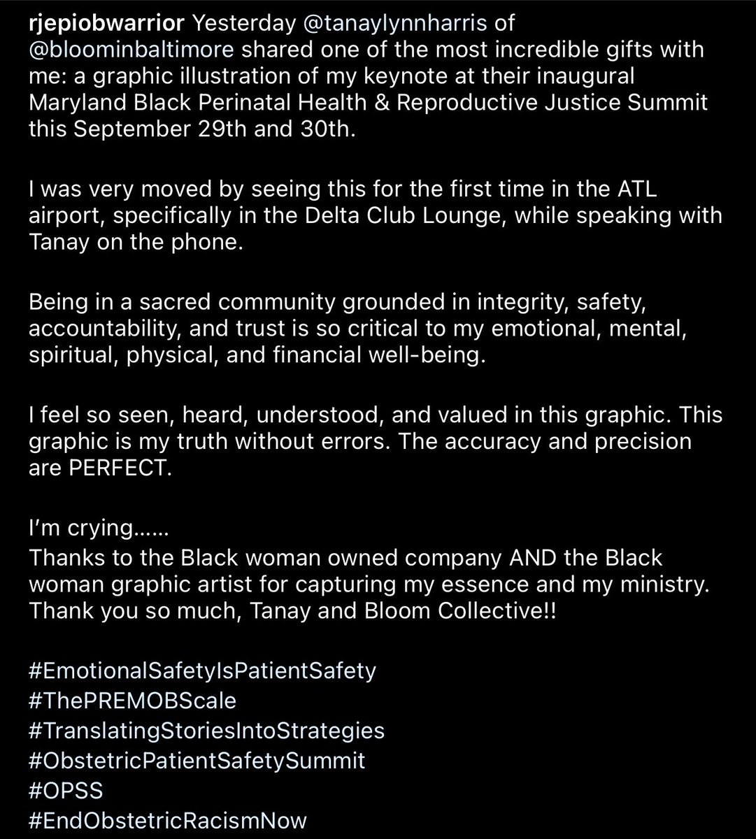 Yesterday <a href="/TanayLynnHarris/">Tanay Lynn Harris</a> of <a href="/BloomBmore/">The Bloom Collective</a> shared one of the most incredible gifts with me: a graphic illustration of my keynote at their inaugural Maryland Black Perinatal Health &amp; Reproductive Justice Summit this past September 29th &amp; 30th. 🙏🏾 ✊🏾
#EmotionalSafetyIsPatientSafety