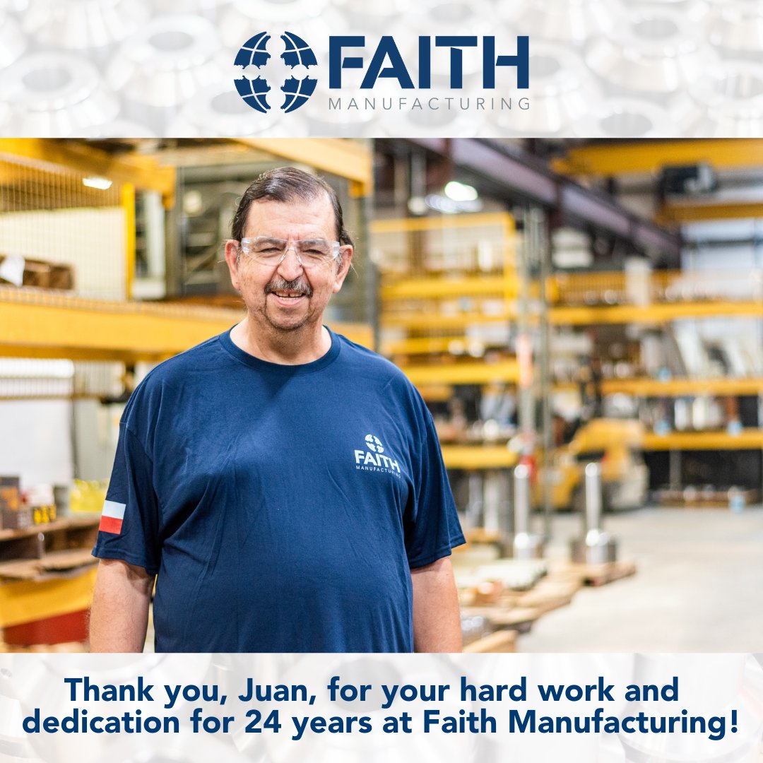 FaithMFG's tweet photo. Congratulations to Juan as he celebrates 24 years at #FaithManufacturing today AND his retirement this week!🎉 He is one of our Night Shift Supervisors and helps in our Programming department. We are grateful for all his hard work and wish him all the best! Thank you, Juan!👏 https://t.co/cABWJDsfX8