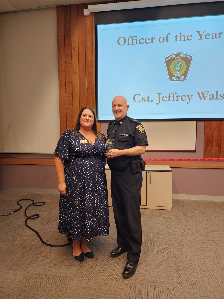 Congratulations to our very own Constable Jeffrey Walsh who was named Officer of the Year at yesterday's MADD Canada 2023 AGM/Awards Night for his work to combat impaired driving. Pictured is Superintendent Gourley who accepted the award on Jeff’s behalf.