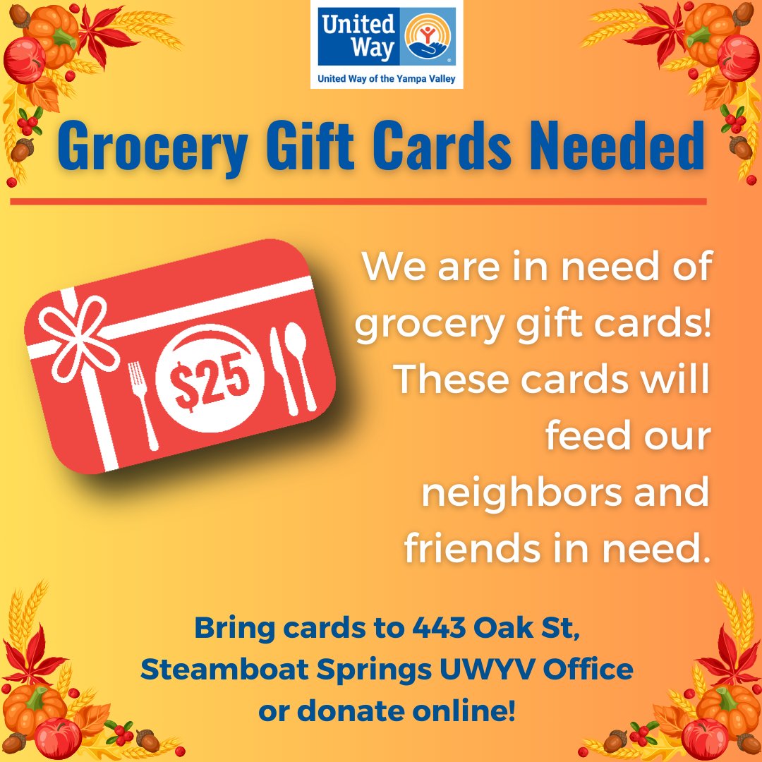 Spread the warmth of the holiday season by generously contributing $25 grocery gift cards from Safeway or City Market. Your kindness can make a world of difference! Visit unitedwayoftheyampavalley.org/food-card-driv… for details

#giving
