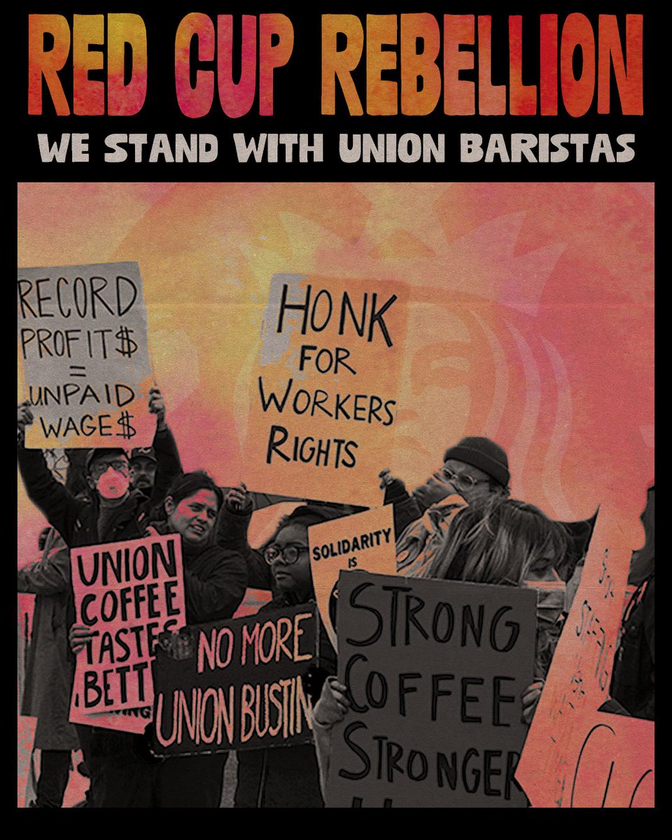 Ekojo's tweet photo. We're riding a wave of worker wins and it's time for the next one!
Today union baristas are striking over understaffing and unfair labor practices. Starbucks refuses to listen, so it's up to us to act.
Stand with @SBWorkersUnited's #RedCupRebellion!
https://t.co/83ohv6gg5I https://t.co/U6BZ5No8jC