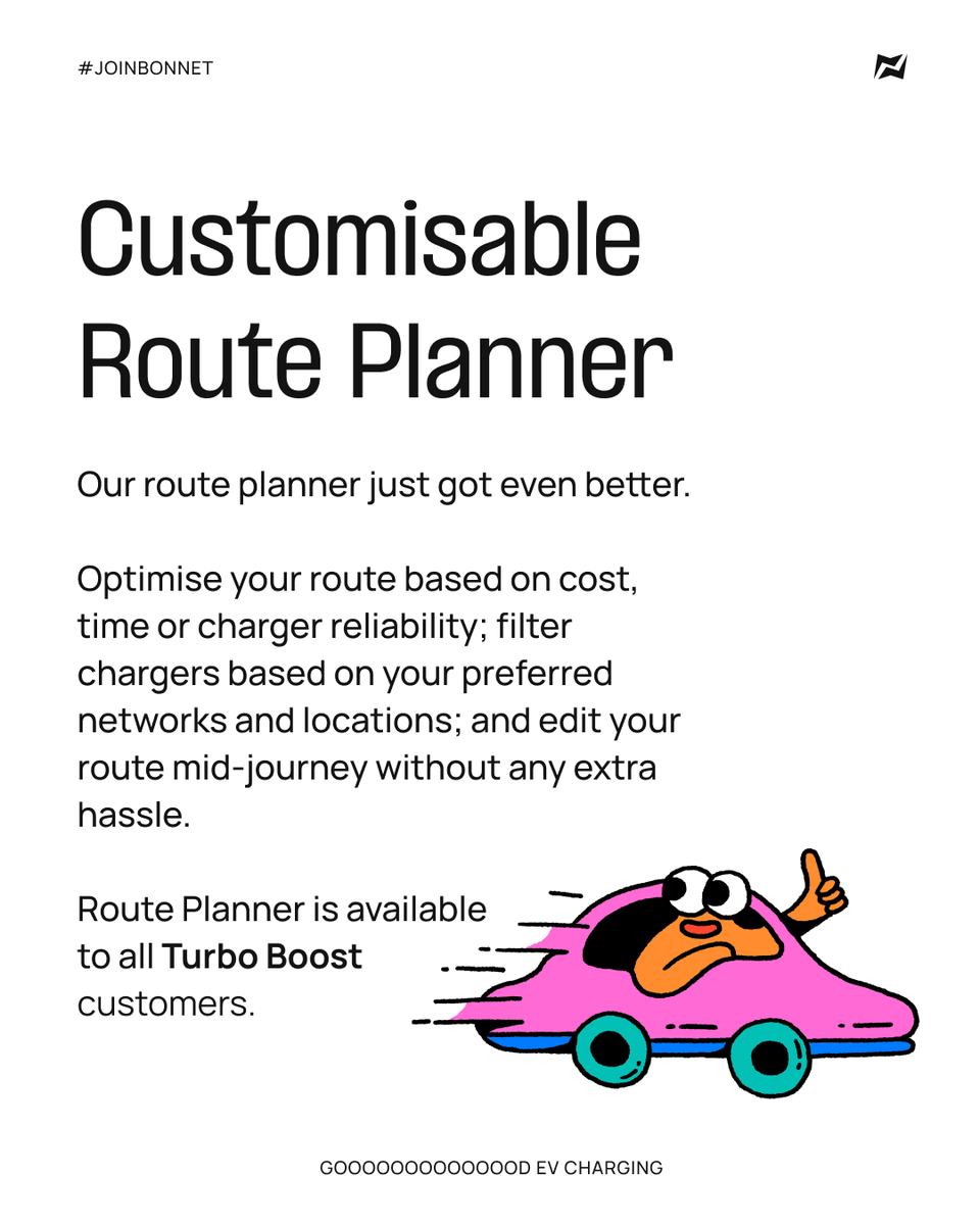 Same Price, Better Boost 💸 🚀

Bonnet Boosts now include premium features, such as live charging updates &amp; route planner, at no extra cost! 

Get discounts, rewards, charging updates &amp; our route planner from £2/€2 per month.

Check out updated Boosts today in your Bonnet app⚡