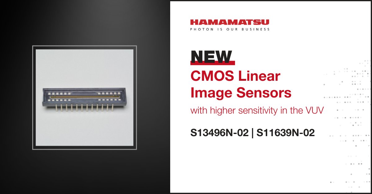 HamamatsuPhoton's tweet image. Our engineers have developed two new #CMOS linear #imagesensors for spectrophotometry, featuring higher sensitivity in the vacuum UV region. 

➡️S13496N-02 (pixel size: 7 x 200 µm) ow.ly/Of3550Q6Al9

➡️ S11639N-02 (pixel size: 14 x 200 µm)
ow.ly/1Ebg50Q6Ala