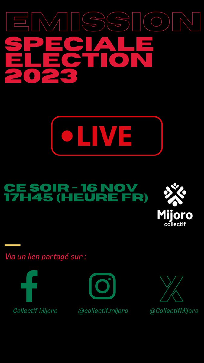 CollectifMijoro's tweet photo. LIVE STREAM ÉMISSION SPÉCIALE ÉLECTIONS MADAGASCAR 2023 
Ce soir à 17:45 heure FR en live en :

https://t.co/HU6GsMO85c

MIJOROA HOAN’NY MADAGASIKARA https://t.co/eyeTMYh177