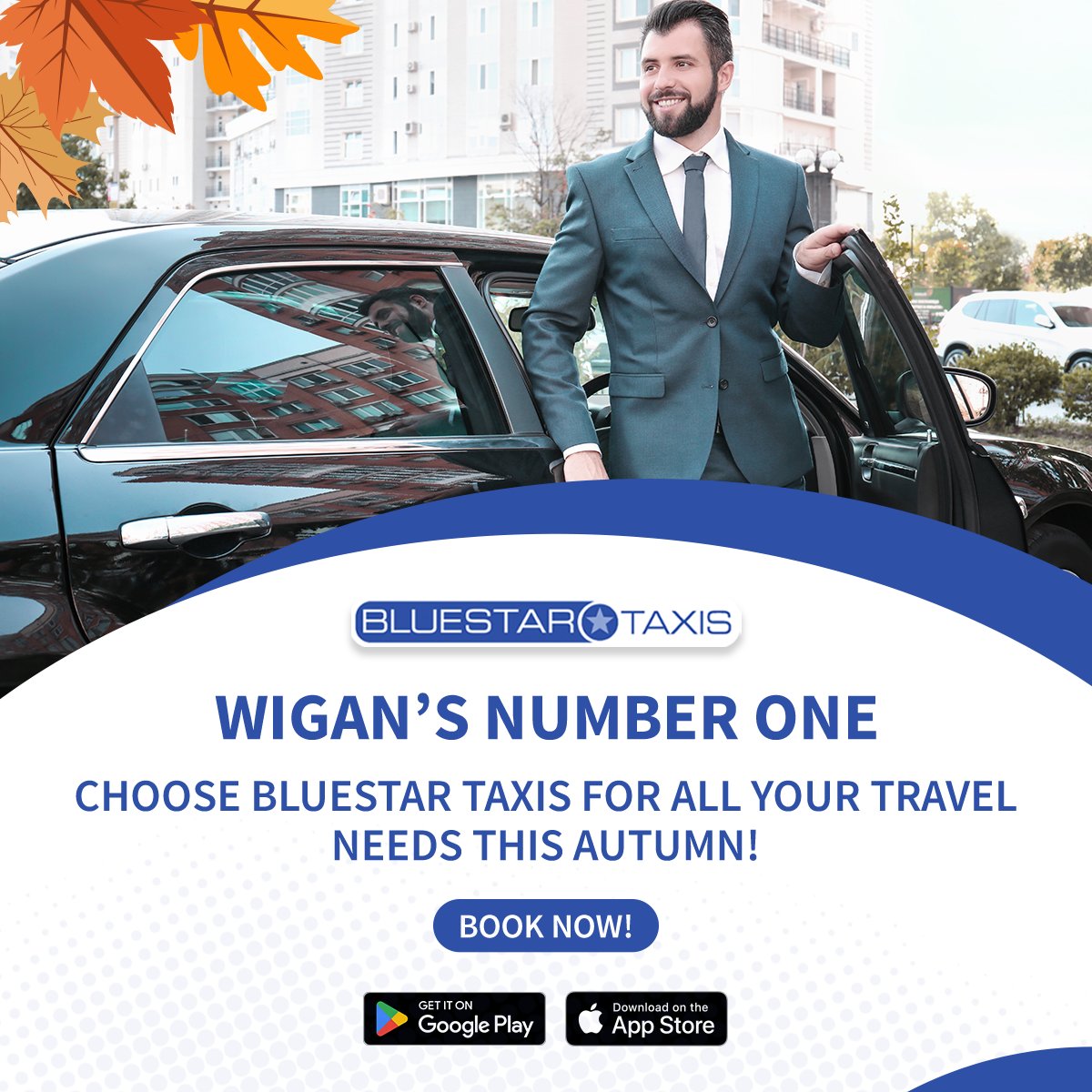 Roll into the season with Bluestar Taxis – your go-to choice for comfort and style.🚖🍂 
Ride with us.⤵️
📲 onelink.to/blue
#BluestarTaxis #ExploreWigan