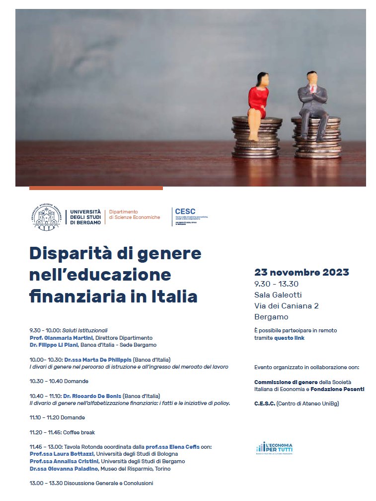 In a week, a public engagement event on #gender #inequality in #financialeducation, organized with <a href="/sieconomisti/">SIE - Società Italiana di Economia</a>  Gender Commission, <a href="/bancaditalia/">Banca d'Italia</a> and <a href="/DseUnibg/">Economics_Unibg</a>. Also on-line at  tinyurl.com/yc44fysz <a href="/mardelgiu/">Marina Della Giusta, EconProf@Unito, European</a> <a href="/RobertaRab/">Roberta Rabellotti</a> <a href="/PieraBello/">Piera Bello</a>