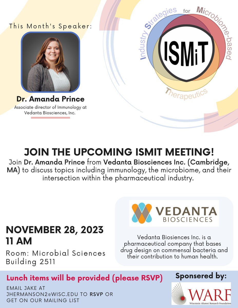 WARF (Wisconsin Alumni Research Foundation) (@warf_news) on Twitter photo We're delighted to sponsor the November 28 ISMiT lunch featuring <a href="/amandaprincePhD/">Amanda Prince</a> of <a href="/VedantaBio/">Vedanta Biosciences</a>. <a href="/UWMadGSEd/">UW-Madison Graduate School</a> students & <a href="/Badgerdocs/">Badger Postdocs</a> are invited to attend. We're delighted to sponsor the November 28 ISMiT lunch featuring <a href="/amandaprincePhD/">Amanda Prince</a> of <a href="/VedantaBio/">Vedanta Biosciences</a>. <a href="/UWMadGSEd/">UW-Madison Graduate School</a> students & <a href="/Badgerdocs/">Badger Postdocs</a> are invited to attend.