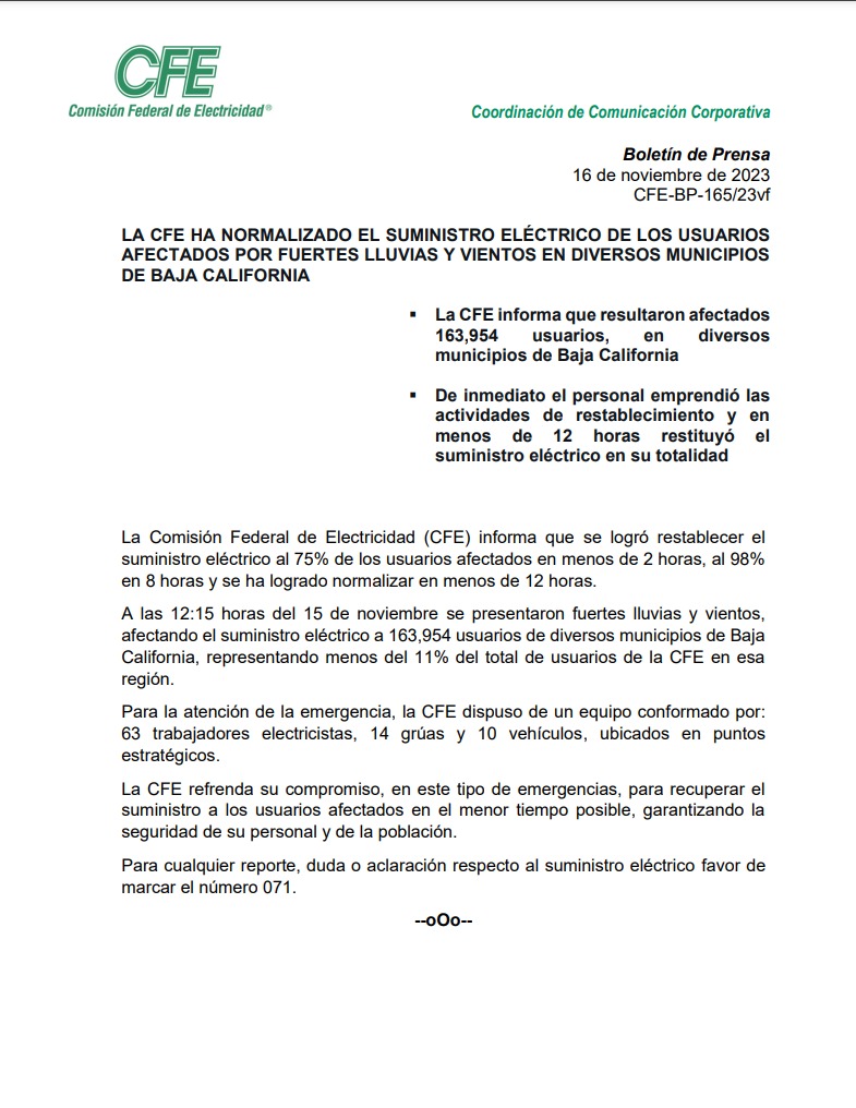 ManuelBartlett's tweet photo. El personal de la @CFEmx ha restituido el servicio eléctrico a los 163,954 usuarios que resultaron afectados por fuertes lluvias y vientos en diversos municipios de Baja California. https://t.co/NALOFq6VDG https://t.co/XGQy4wX3Eu