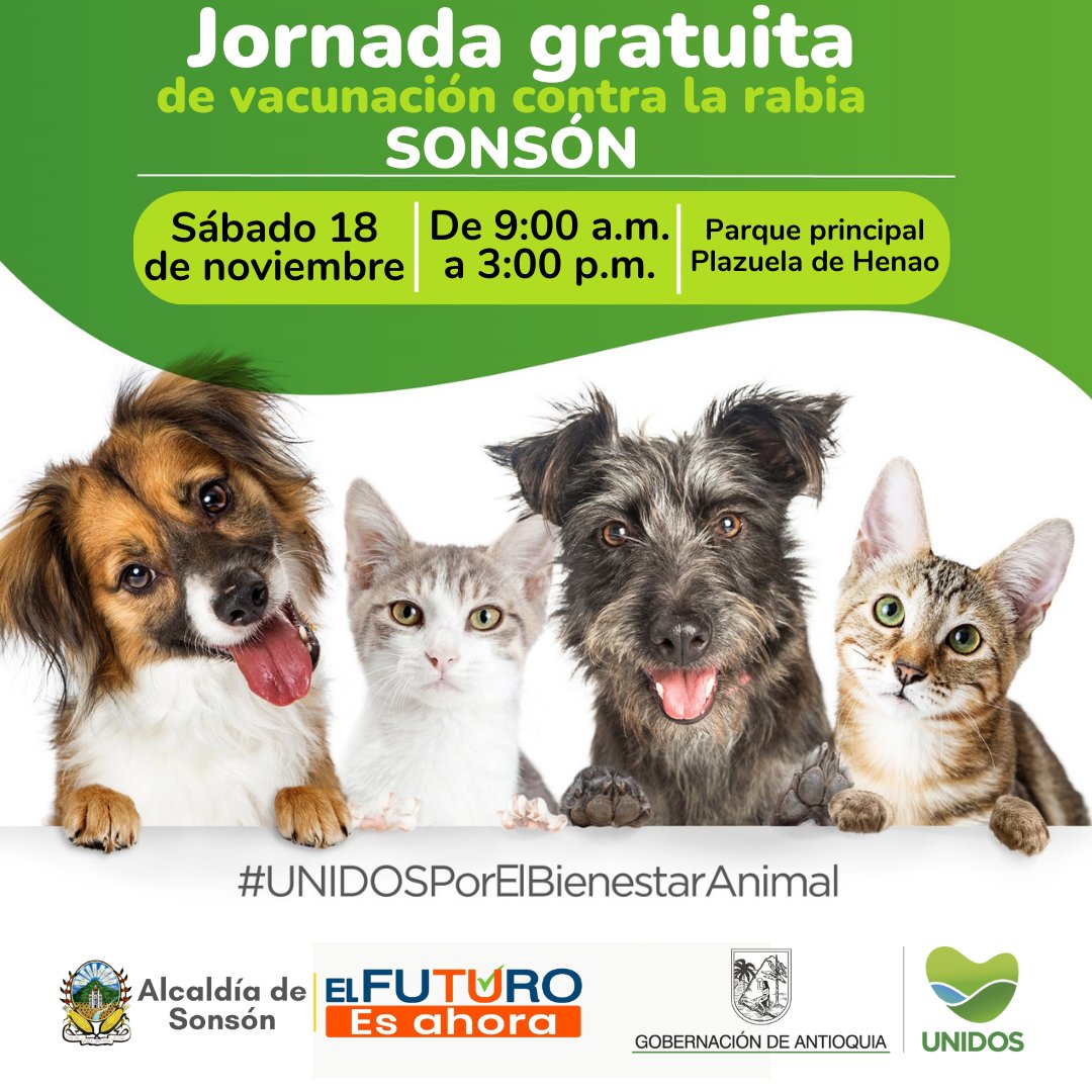 🐾🐱🐕Puntos de vacunación en Sonsón:
📌Plazuela de Henao
📌Parque Principal
⏰9:00 am a 3:00 pm
✍️Recuerde que la vacuna antirrábica se debe aplicar en las mascotas una vez por año y deben ser animales mayores de 3 meses de edad.
¡El bienestar animal es Ahora!