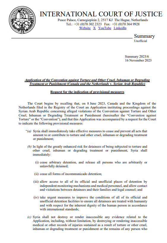 CIJ_ICJ's tweet photo. READ HERE: summary of the #ICJ Order indicating provisional measures in the case concerning Application of the Convention against Torture and Other Cruel, Inhuman or Degrading Treatment or Punishment (#Canada and the #Netherlands v. #Syria) https://t.co/MNDpgLwmwQ https://t.co/NREJ3Hur1E