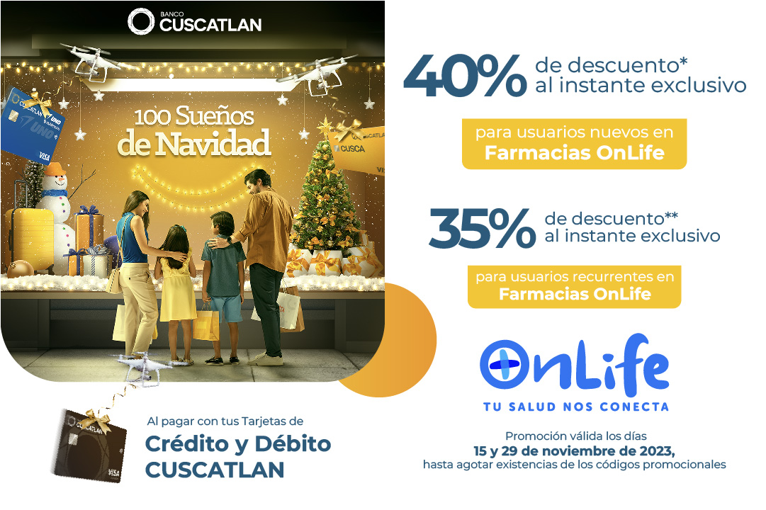 BancoCUSCATLAN_'s tweet photo. ¡En esta navidad y siempre tu salud es prioridad! ✨ Ordena todo lo que necesitas en @onlife_app con tus Tarjetas Crédito y Débito CUSCATLAN, este 15 y 29 de noviembre, 2023 con tu código promocional:

👉 Más de tu promoción en: https://t.co/jY4Emnn0y1 https://t.co/xjJe9KBeRX