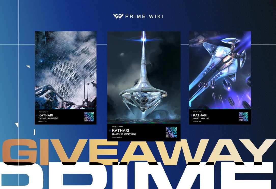 PrimeWiki Giveaways are back! We're giving away another set of <a href="/ParallelTCG/">Parallel</a> cards to the community!

Kathari Meta? One lucky person will win three cards to ride the trend!

Winning ranked matches with these cards will reward you with $PRIME!

How to enter:

👉Repost this Tweet