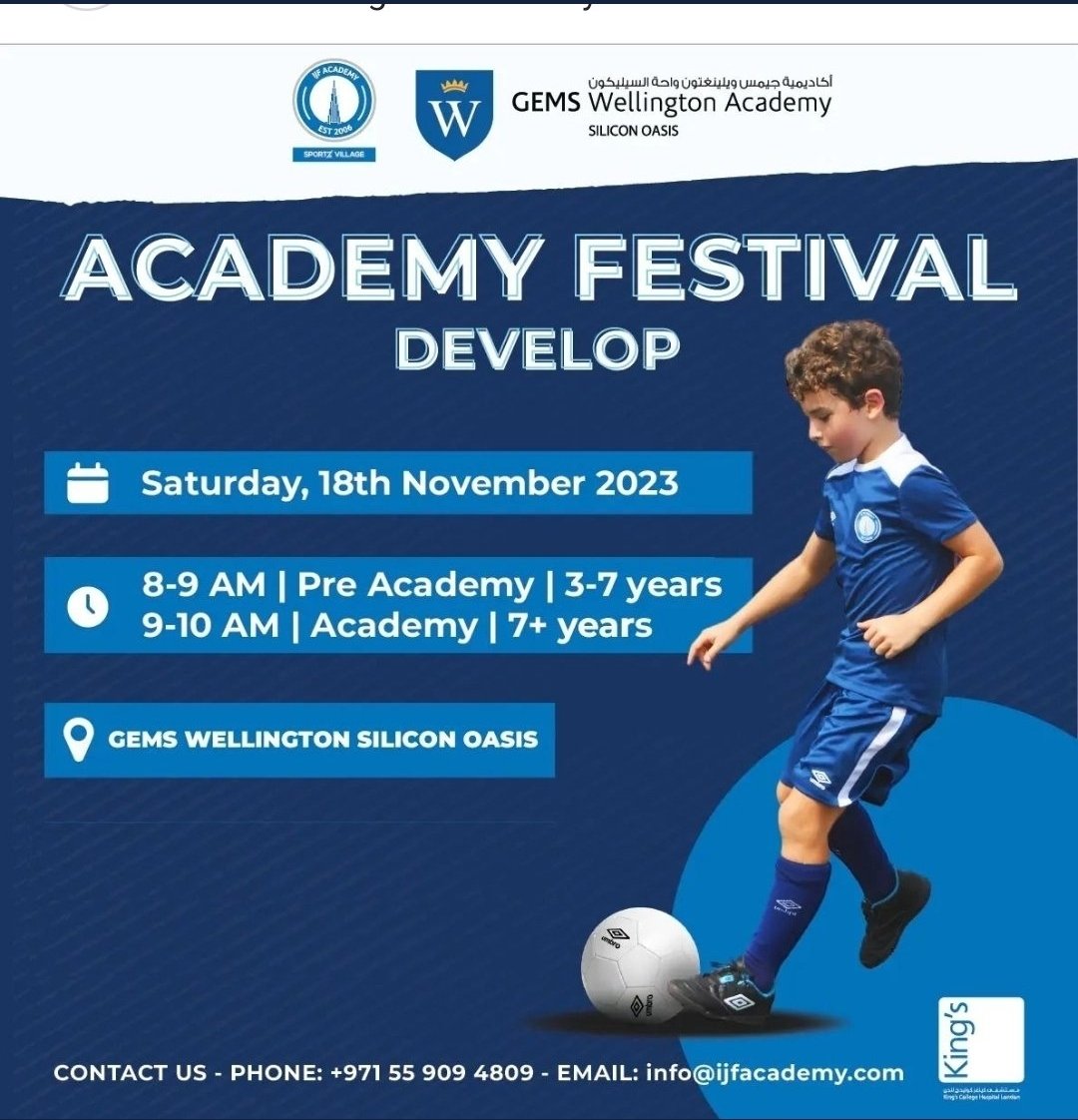 IJF_Academy's tweet photo. We can't wait to welcome everybody to the DEVELOP Festival this Saturday @ GEMS Wellington Silicon Oasis.

To register for the FREE morning of football, please contact info@itsjustfootball.com or +971 55909 4809.

#IJF #IJFDEVELOP ⚪🔵⚪ https://t.co/OuQH7YH8dF