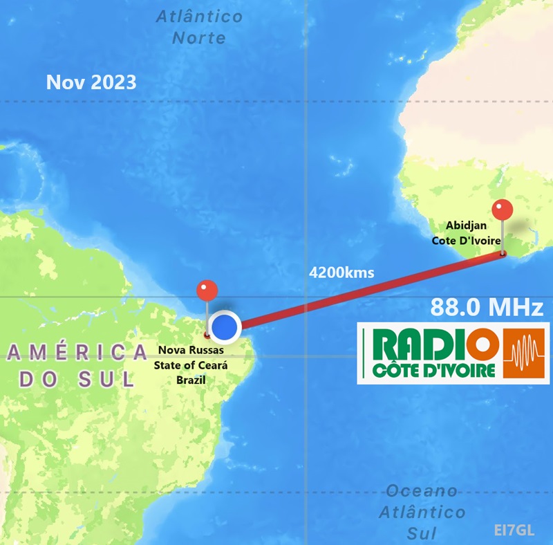 4,200km opening at 88 MHz between Africa and Brazil - Nov 2023... ei7gl.blogspot.com/2023/11/4200km…