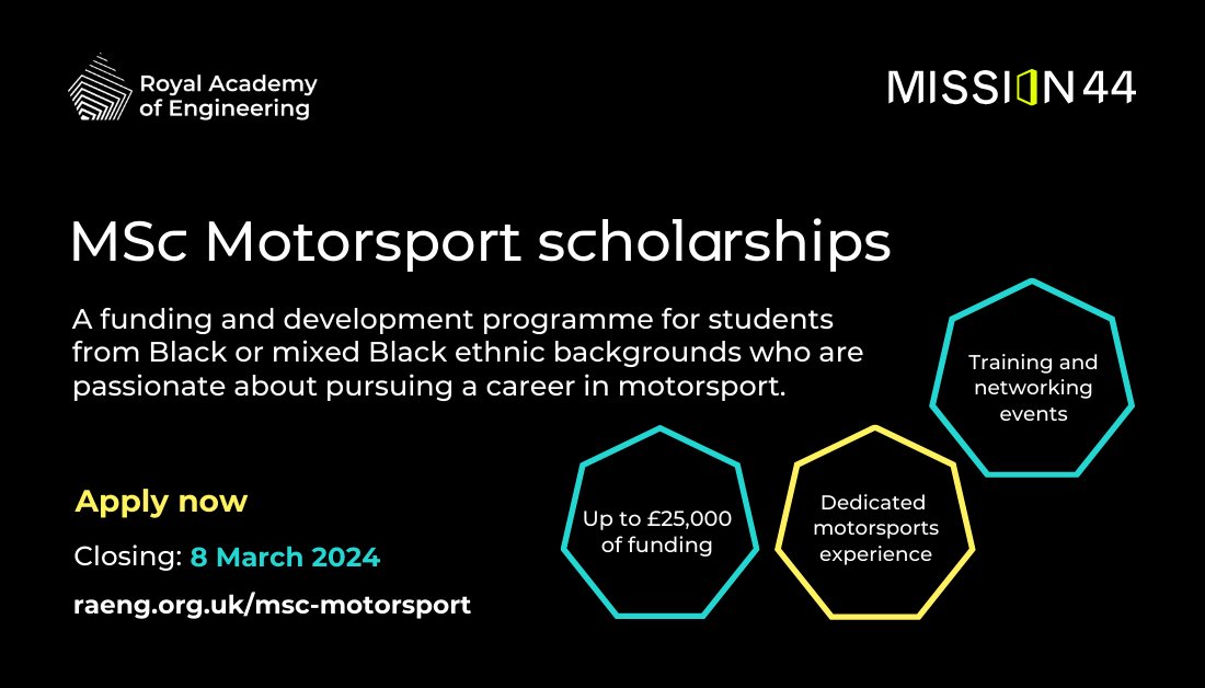 The #MScMotorsport Scholarship Programme has been created with the support of @Mission44 to provide funding and support to students from Black and mixed Black backgrounds to pursue a master's degree in motorsport. Find out more: raeng.org.uk/msc-motorsport