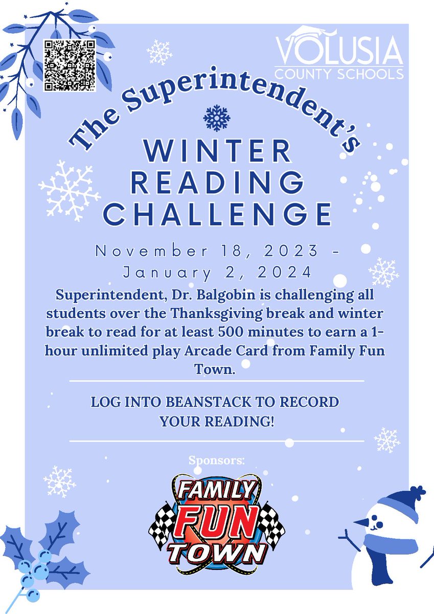 Volusia County Schools (@volusiaschools) on Twitter photo 🎄Superintendent @vcsbalgobin challenges students to keep the reading magic alive over the winter break! Read for 500 minutes and score a 1-hour unlimited play Arcade Card from <a href="/familyfuntown/">Family Fun Town</a>! 🕹️ Log those minutes on Beanstack by Jan 2. #WinterReadingChallenge 🎄Superintendent @vcsbalgobin challenges students to keep the reading magic alive over the winter break! Read for 500 minutes and score a 1-hour unlimited play Arcade Card from <a href="/familyfuntown/">Family Fun Town</a>! 🕹️ Log those minutes on Beanstack by Jan 2. #WinterReadingChallenge