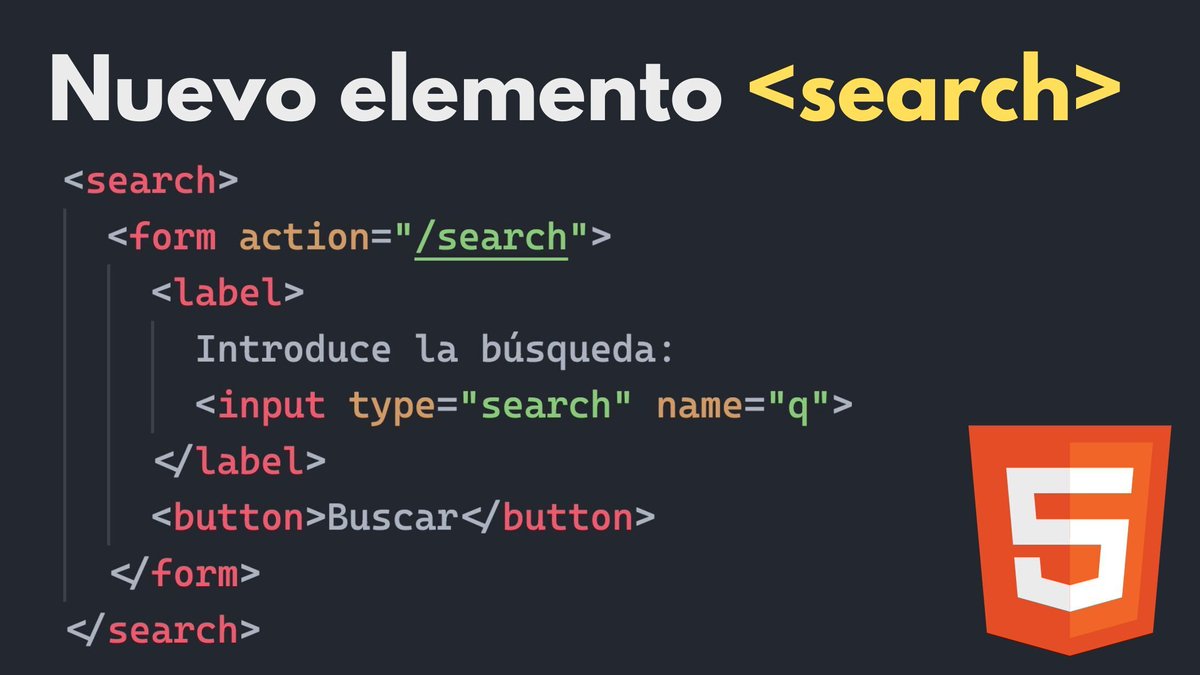 midudev's tweet image. ¡Nuevo elemento HTML! → search

Representa la sección para buscar o filtrar contenido.

Una pequeña mejora de accesibilidad para todos: