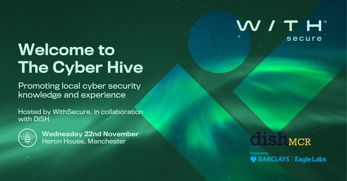 In Manchester & work in tech #cyber? We at @WithSecure are running this event next Weds! withsecure.smh.re/1zB

Talks on cloud (from legend @chrispy_sec!), Linux detection, AI, DevSecOps & more. Should be a fun / collaborative day.

Register if you fancy😀

#DiSHmcr @greatermcr