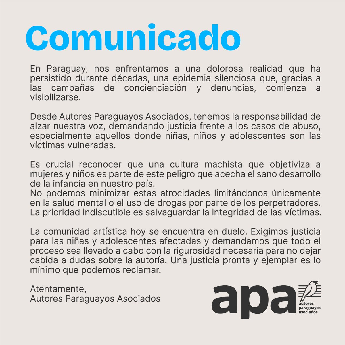 Alzamos la voz contra el abuso a niñas, niños y adolescentes.
La comunidad artística exige justicia.
#NoAlAbusoInfantil #TodosSomosResponsables
