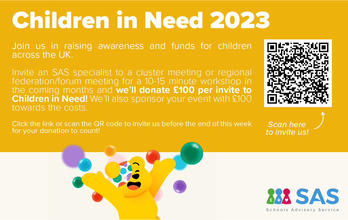 SchoolsAdvisory's tweet image. Join us in raising awareness and funds for children across the UK #BBCChildrenInNeed

Invite us to a cluster meeting and we’ll donate £100 per invite to @BBCCiN! We’ll also sponsor your event with £100 towards the costs

Invite us here 👇
message.schooladvice.co.uk/p/6LZK-IJN/inv…