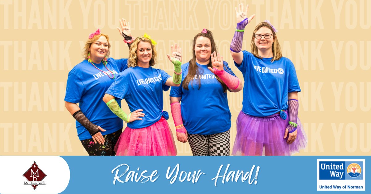 UnitedWayNorman's tweet photo. We're putting the #SponsorSpotlight on our friends from @McClainBank! 💙 They have faithfully supported United Way of Norman for many years - we couldn't do this without them! Thank you for raising your hand to be a Spotlight Sponsor! ⭐️ #LiveUnitedNorman #RaiseYourHand https://t.co/E4tzm6USh5