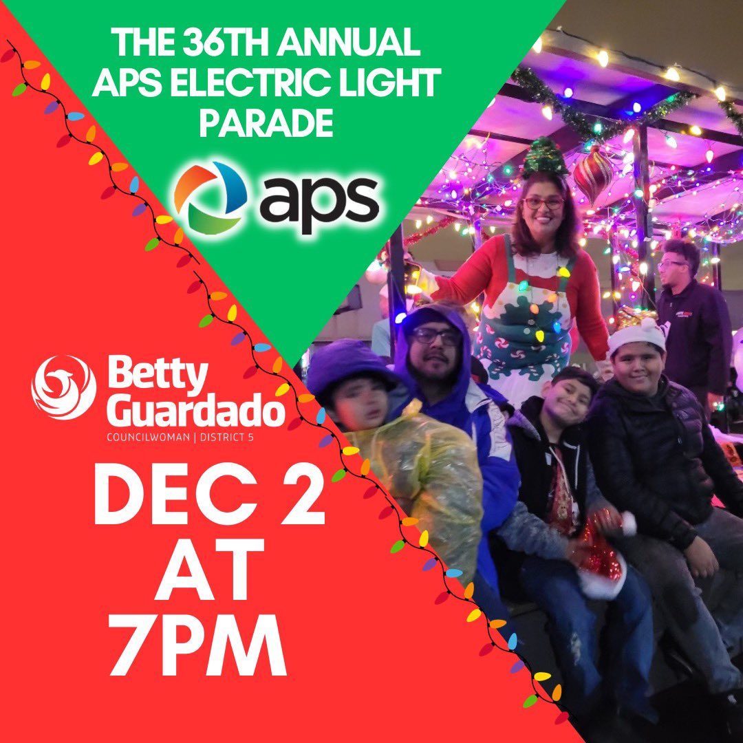 PHXDistrict5's tweet photo. Exciting news! 🌟 The 36th Annual APS Electric Light Parade is just around the corner, and we can hardly wait! 🎉✨ Get ready for this dazzling event by checking out all the essential details you need to know right here: https://t.co/fcqL6NOdkk

#ElectricLightParade #HolidayMagic https://t.co/qfdnHsTqWl