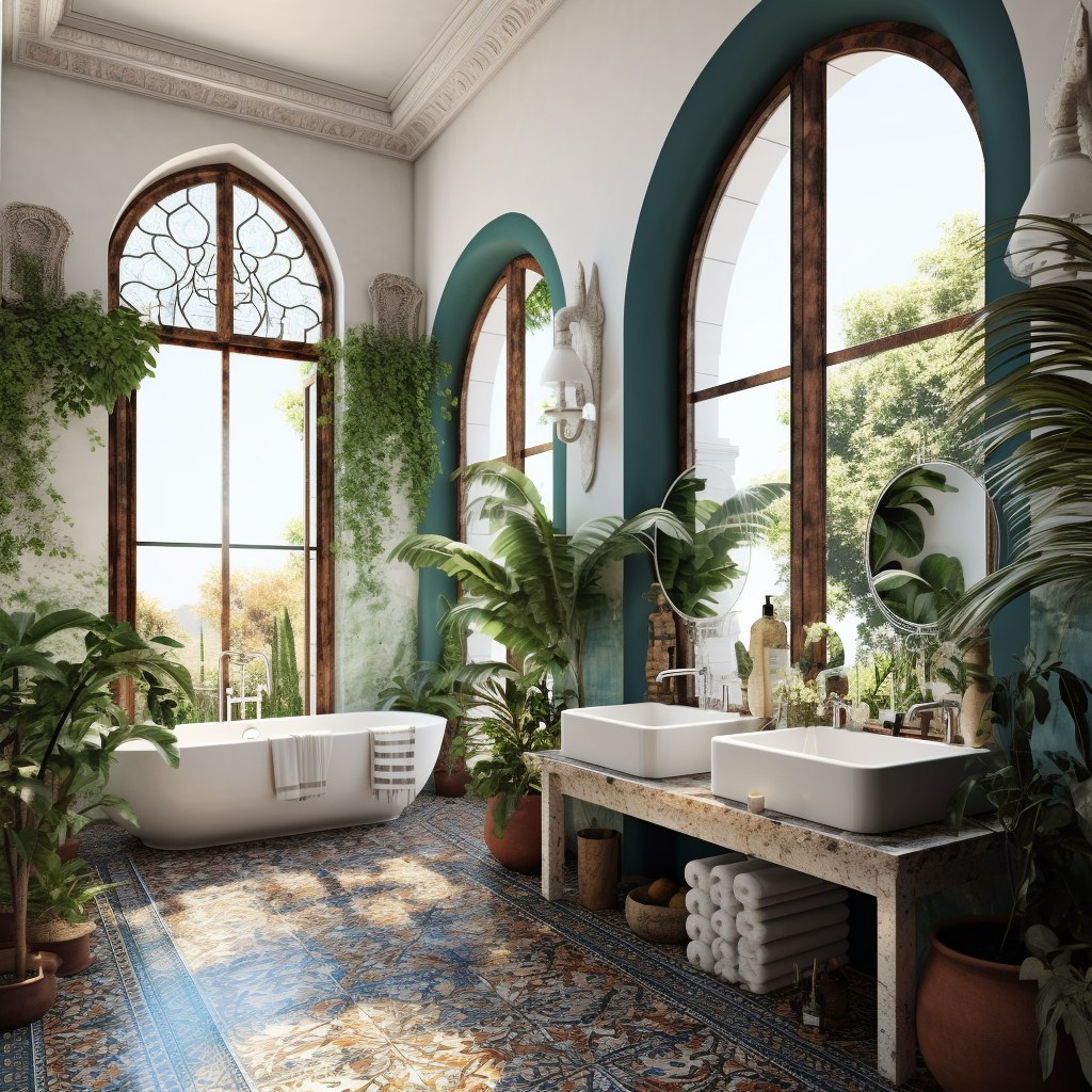designmidjorney's tweet photo. This bathroom combines bohemian elegance with a touch of the vintage, framed by arched windows that welcome the outdoor scenery. Teal arches on the walls, interlaced with lush greenery, contribute to a tranquil natural ambiance. A standalone bathtub, surrounded by a variety of indoor plants, sits elegantly in the space, while the ornate tiled floor enriches the room with vibrant color and complex patterns, transforming it into a peaceful botanical retreat
