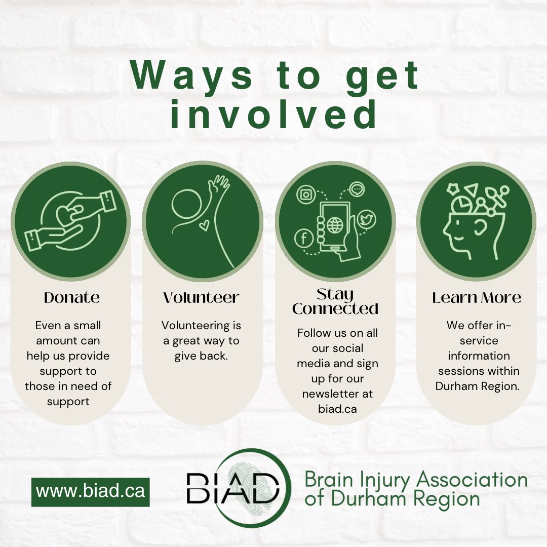 BrainInjuryBIAD's tweet photo. Ways to get involved with BIAD.
💚Donate 
💚Volunteer
💚Stay Connected
🔗Learn More at https://t.co/qAeMOnZQOs https://t.co/y0h1t3s6hP