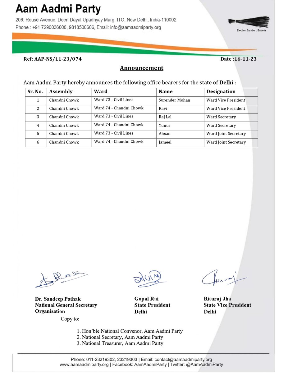 AamAadmiParty's tweet photo. 📢Announcement 📢 

The Party hereby announces the following office bearers for the state of Delhi 

Congratulations to all 💐 https://t.co/NhRxKGpONj